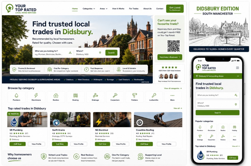Your Top Rated Local Home Services — sample website, mobile, and print mockup